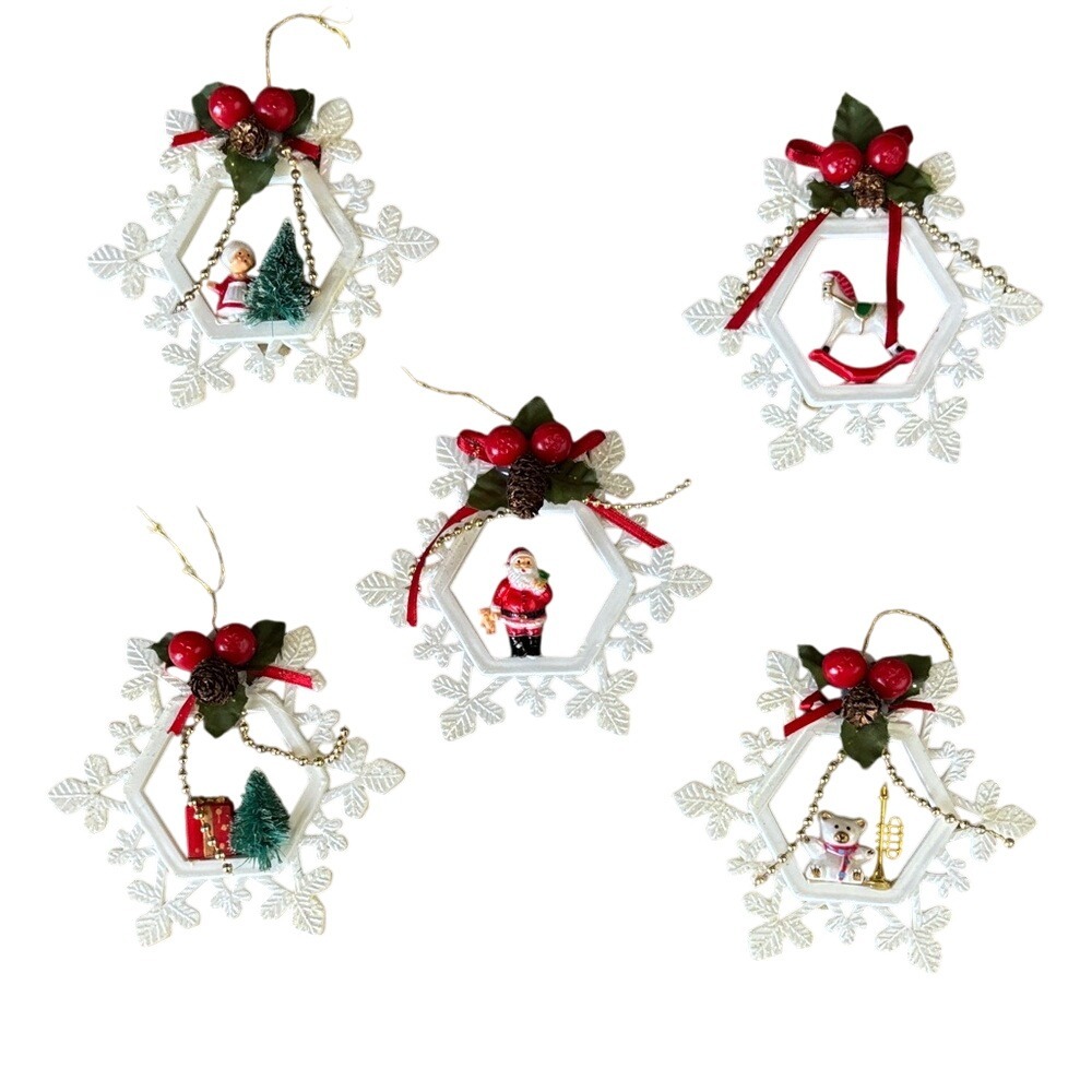 Vintage Plastic Snowflake Christmas Ornaments 5:‎ Santa, Presents, Teddy & More!